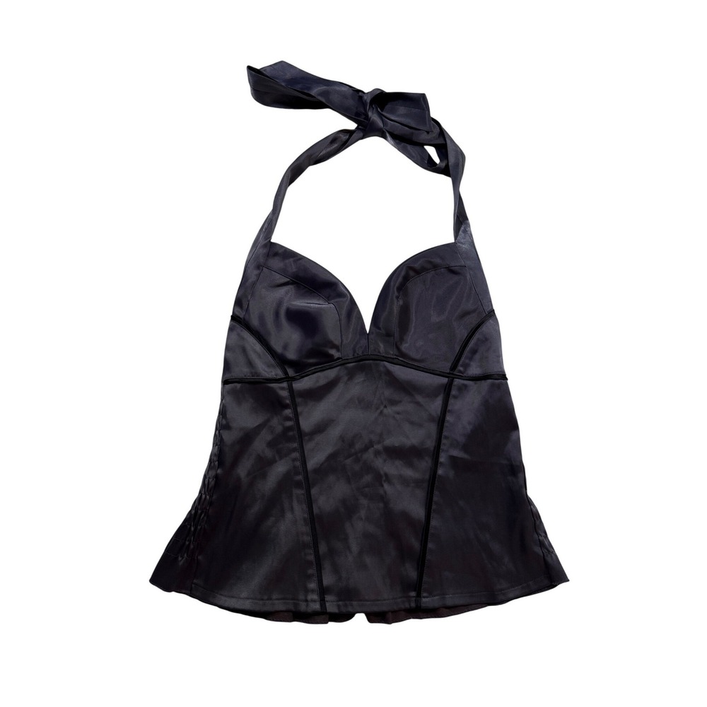 Vtg Charlotte Russe Halter Grey Purple Satin Corset Smocked Y2K Coquette Goth L